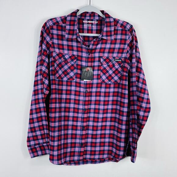 Wolverine Size Large Plaid Flannel Long Sleeve Button Shirt Red 100% Cotton - Picture 1 of 4
